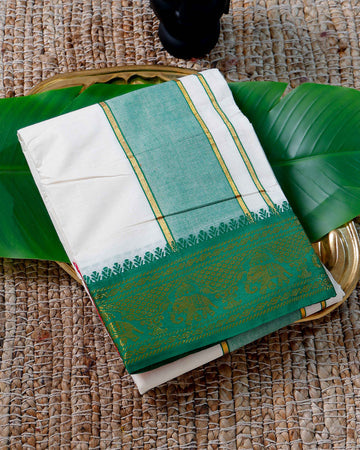 Men’s Cotton Dhoti with Green Colour Border - White
