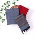 Cotton Salwar Material In Light Grey With Striped Pattern Red Contrast Dupatta Flat Lay View