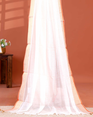 Handwoven Mul Mul Cotton Saree with Tassel Detailing and Contrasting Border - White
