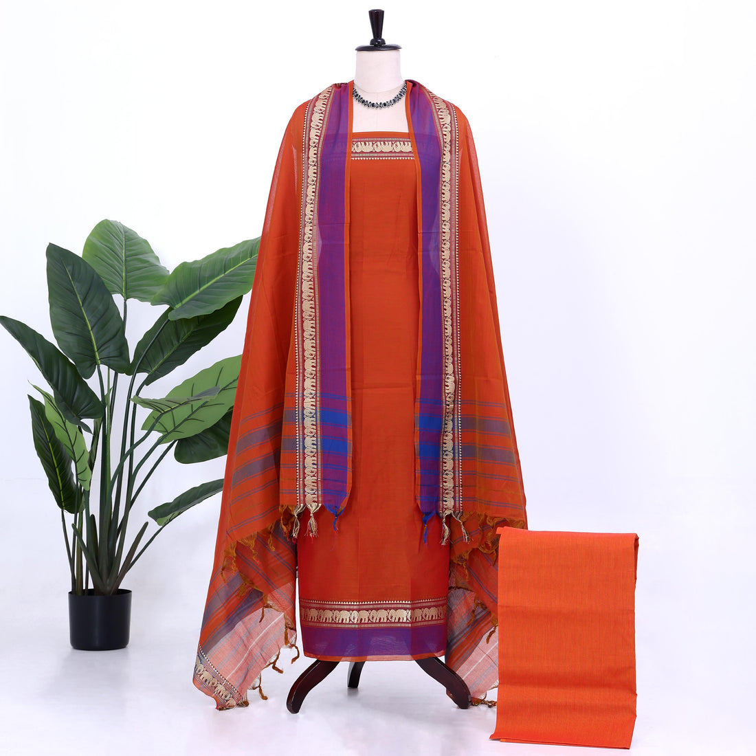 Orange Cotton Unstitched Salwar Material for Women | Ethnic Summer Collection | Jeyachandran - Full View