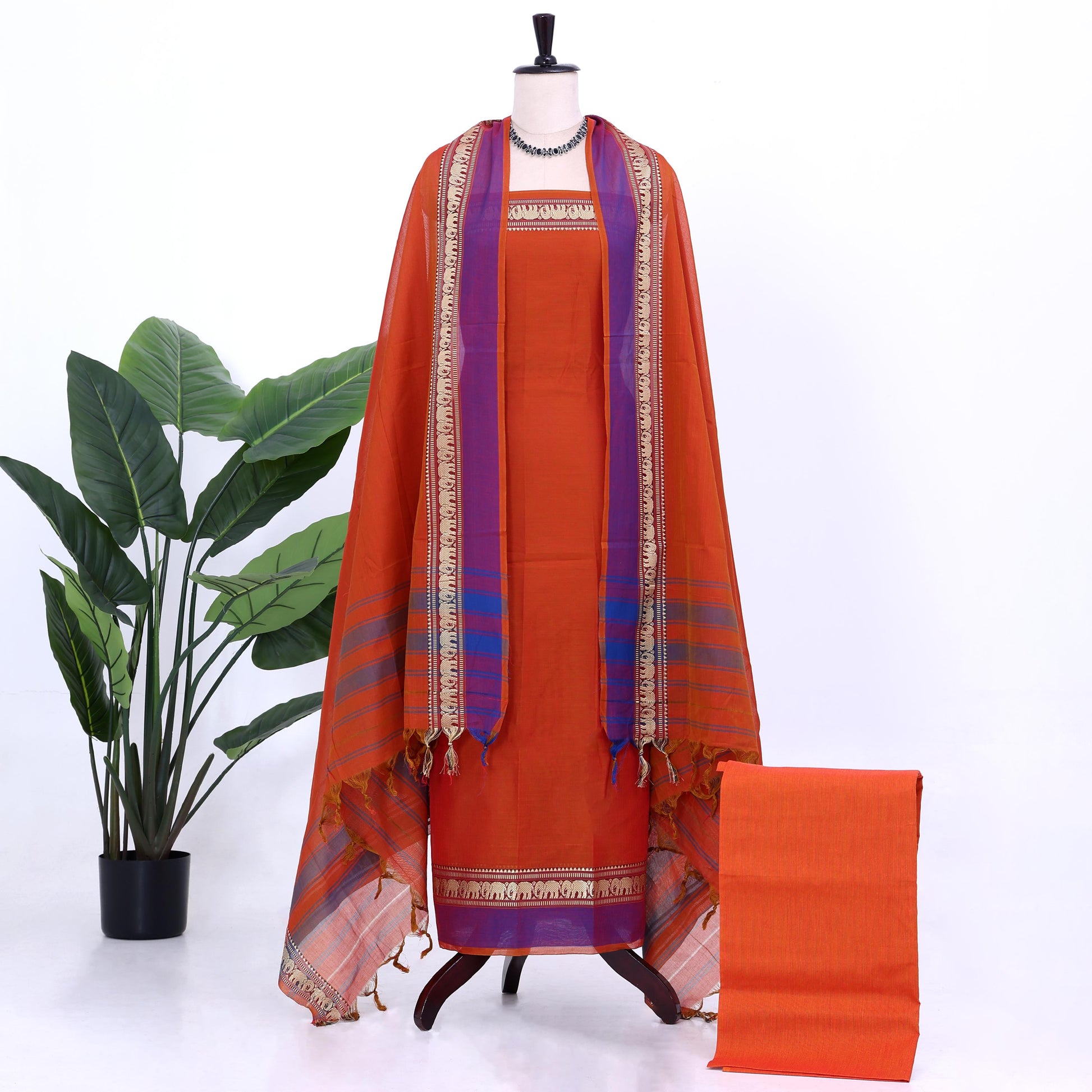 Orange Cotton Unstitched Salwar Material for Women | Ethnic Summer Collection | Jeyachandran - Full View