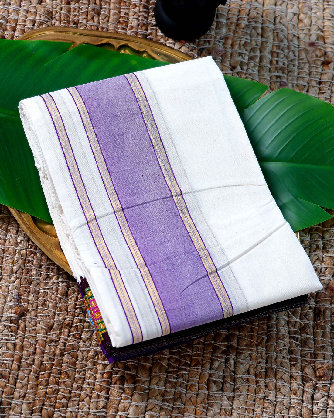 Men’s Cotton Dhoti with Violet Colour Border - White