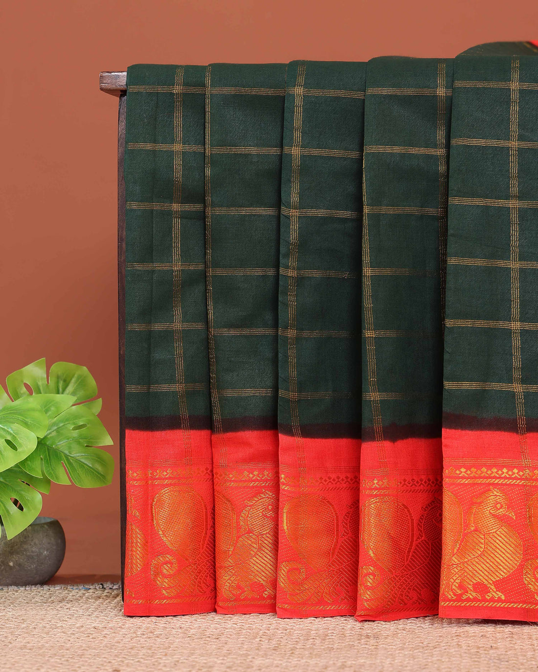 Traditional Sungudi Cotton Saree with Bold Checked Pattern and Intricate Peacock Zari Border - Green