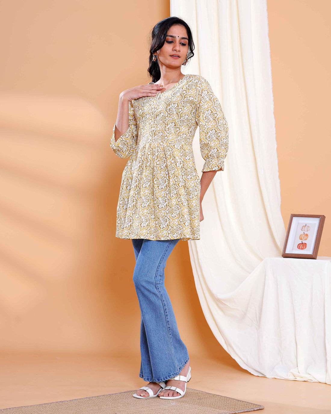 Yellow Floral Printed Cotton Kurti