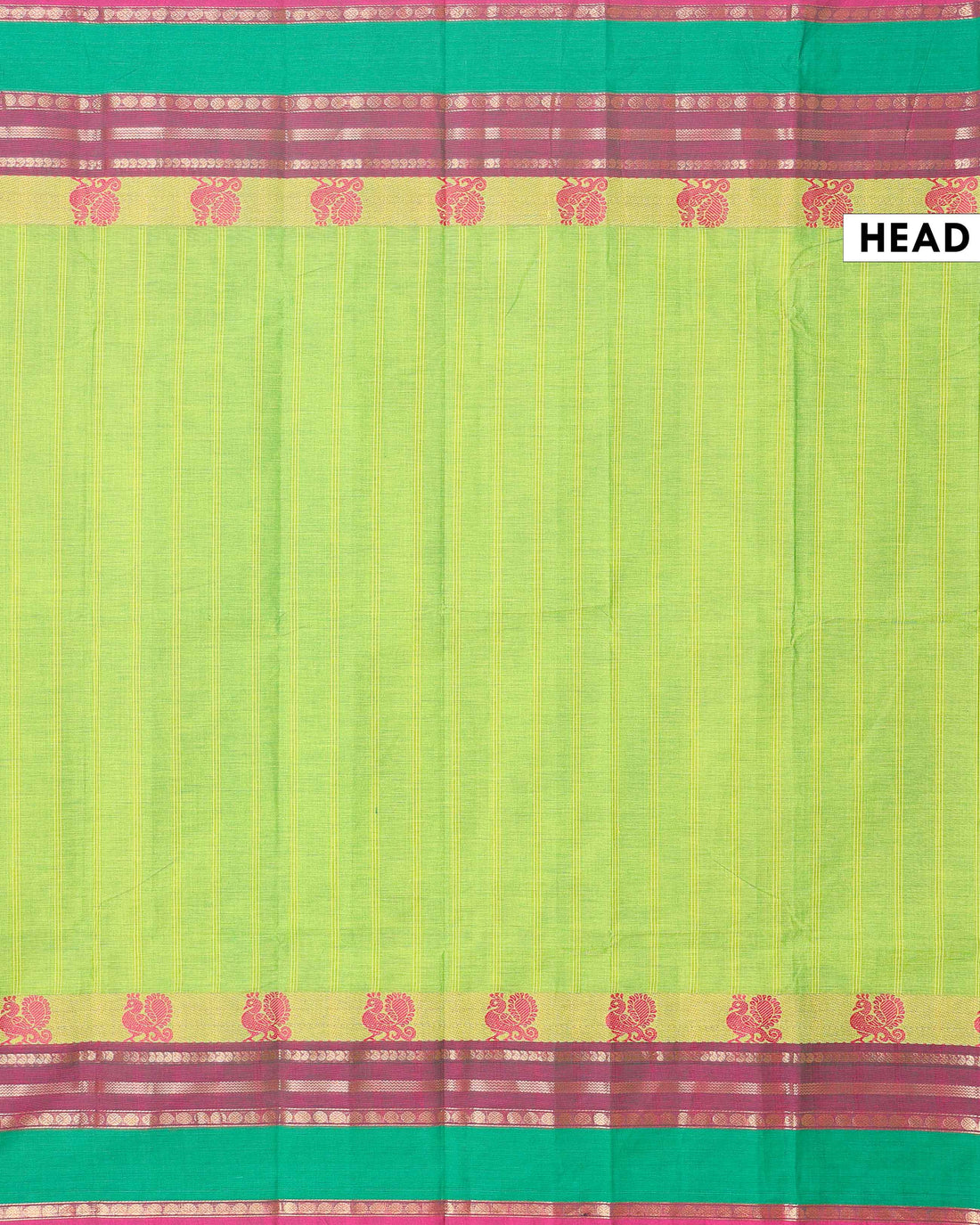 Handwoven Checked Cotton Saree with Peacock Motif Border - Green