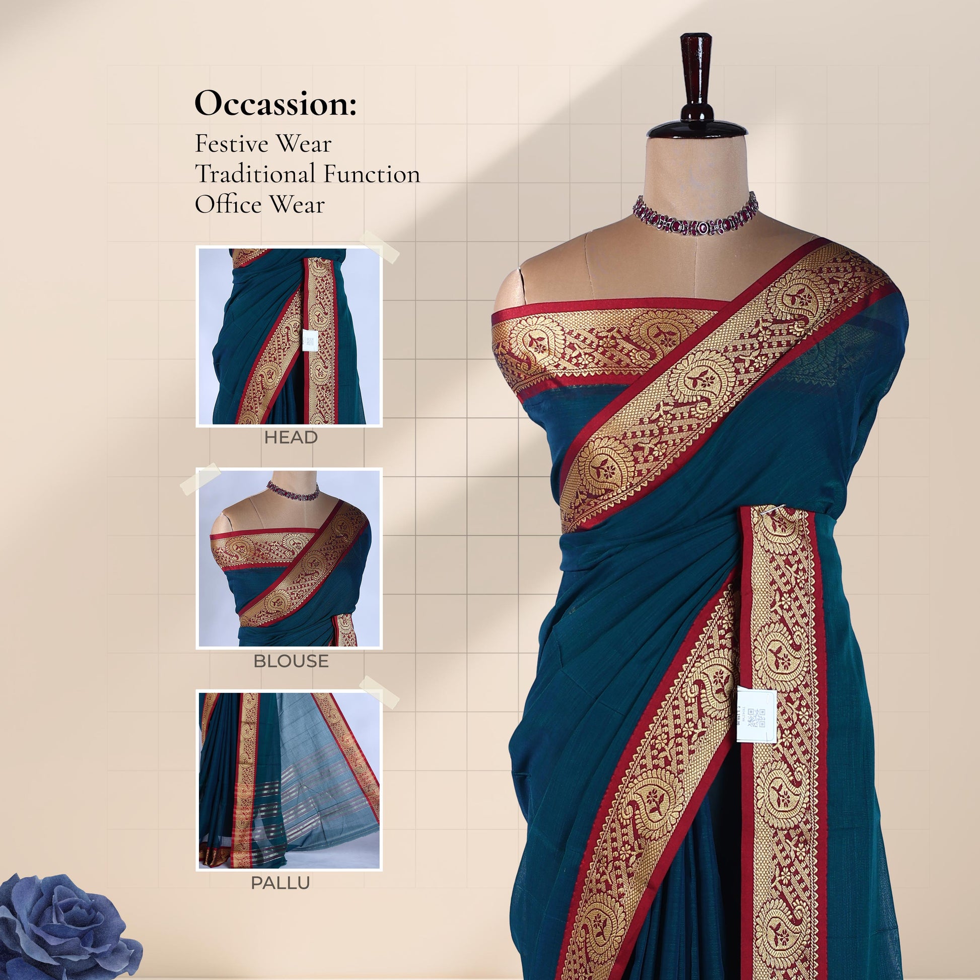 Teal Mangalagiri Cotton Saree With Ornate Gold Zari Border And Red Contrast Edge -  Draped Front View