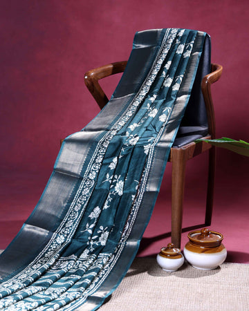 Elegant Dola Silk Saree with All Over Floral Buta Print and Intricate Ornamental Woven Traditional Border - Dark Teal