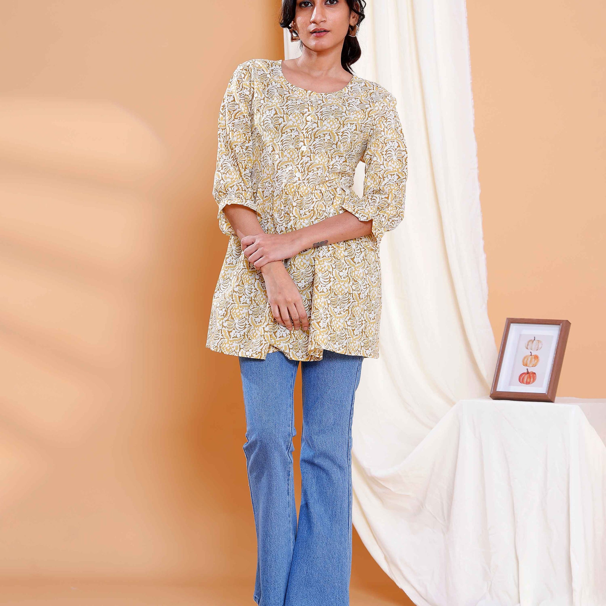 Yellow Floral Printed Cotton Kurti