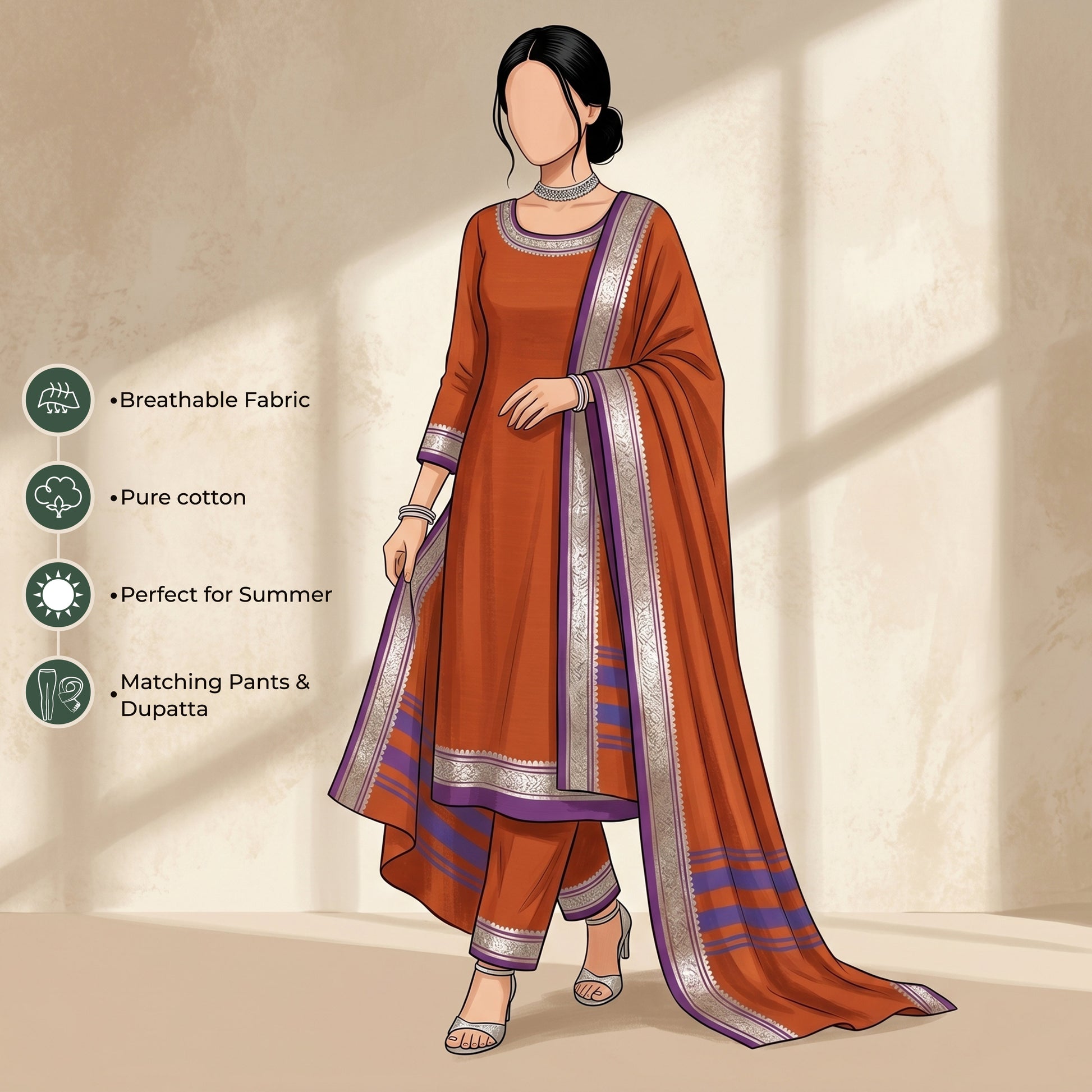 Women's Pure Cotton Salwar Material In Orange With Matching Pants And Dupatta - Front View
