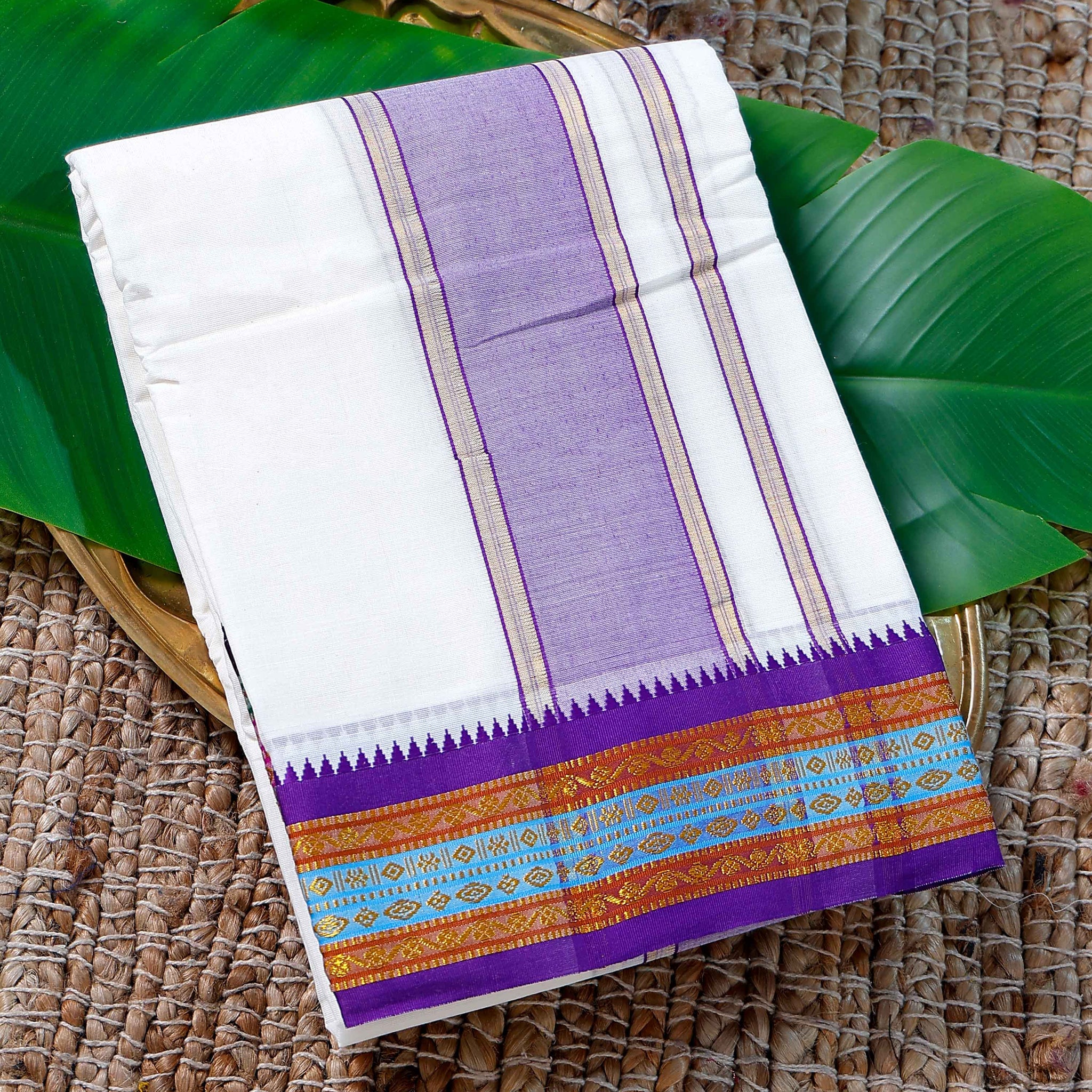 Men’s Cotton Dhoti with Violet Colour Border - White