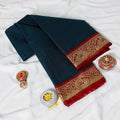 Teal Mangalagiri Cotton Saree With Gold Zari Border And Red Contrast Border