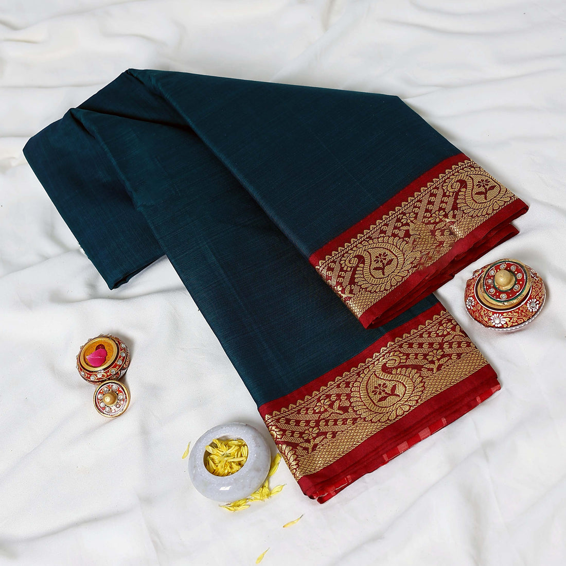 Teal Mangalagiri Cotton Saree for Women | Festive Summer Collection | Jeyachandran - Full View