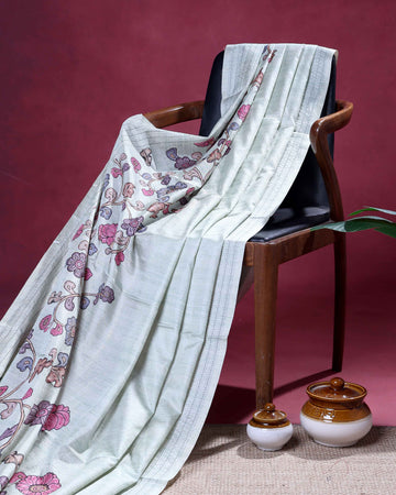 Classic Semi Tussar Saree with Floral Printed Body and a Subtle Border - Pastel Green