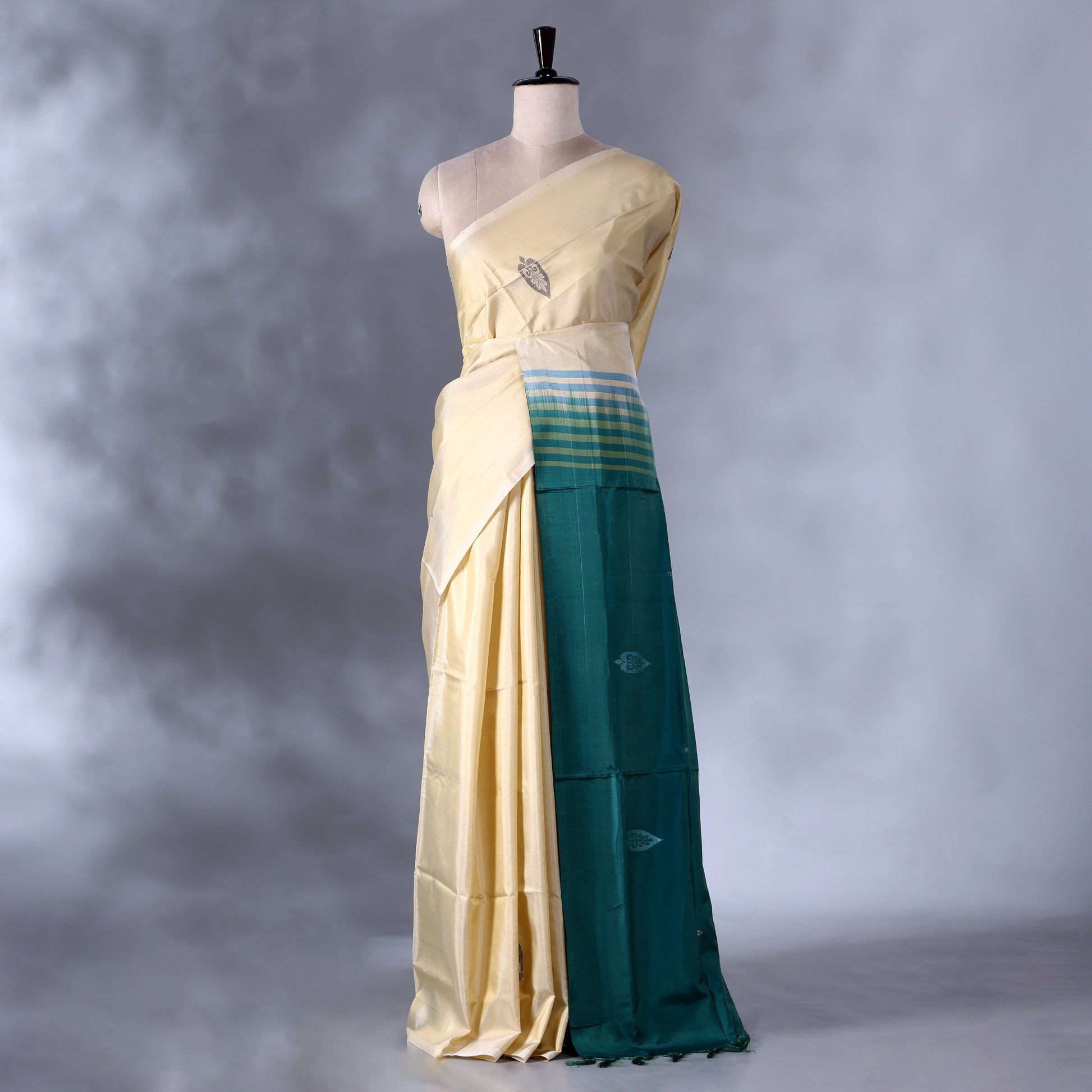 Yellow  Banana Pith Saree with  Butta Motifs & Traditional Zari Woven Border -Full View