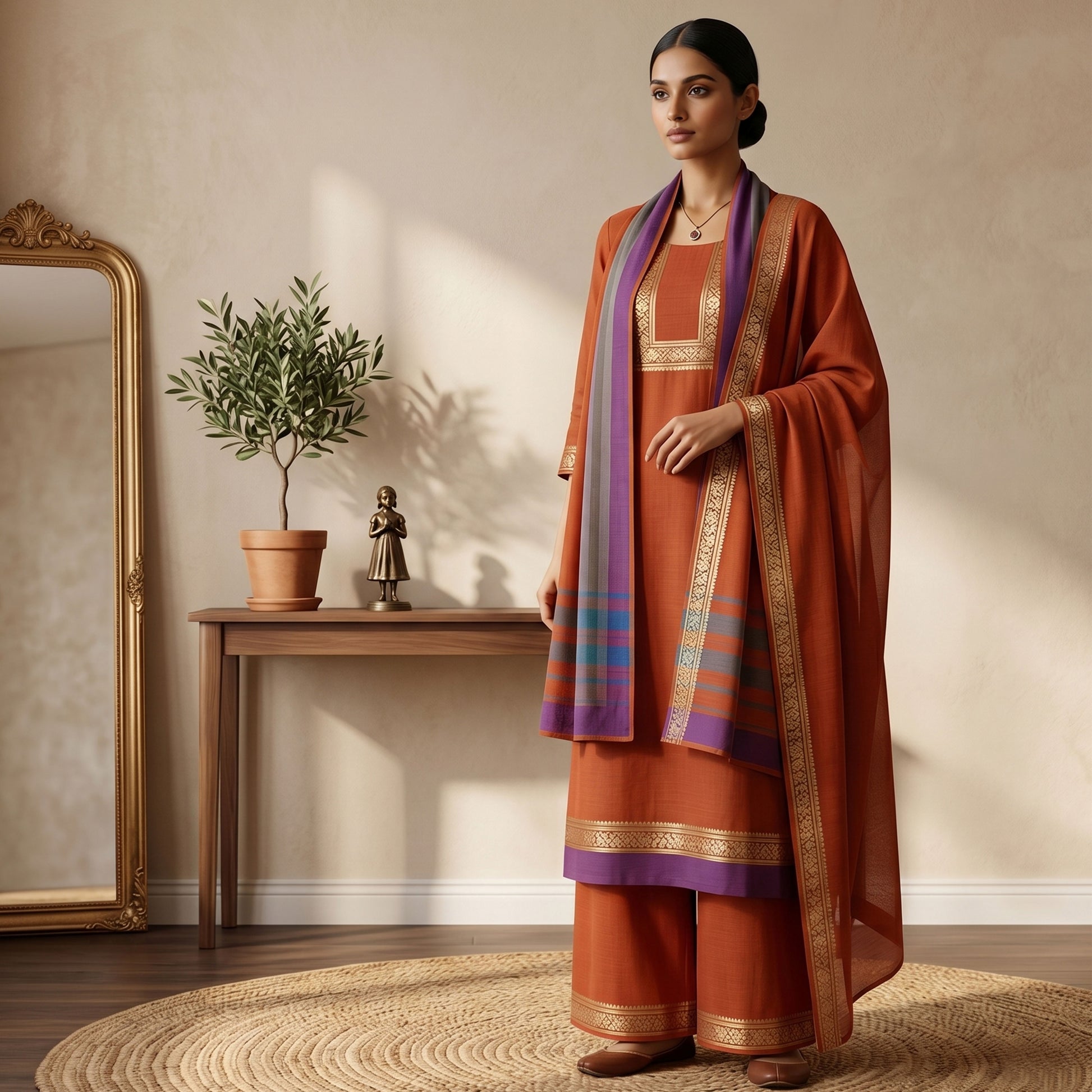 Womens Ethnic Unstitched Salwar Material With Elephant Zari Border Orange Color And Purple Border Dupatta Front View