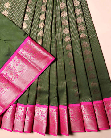 Traditional Kids Pattu Pavadai Material with All Over Zari Buttas and Rich Woven Border - Green