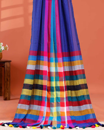 Handloom Mul Mul Cotton Saree with Vibrant Striped Pallu & Tassel Border - Multi
