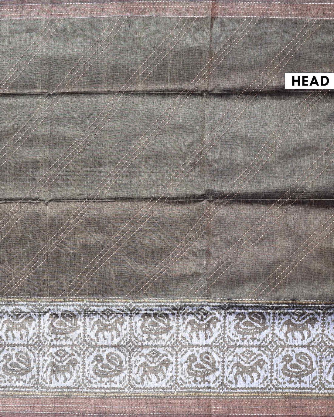Elegant Semi Tussar Saree with Diagonal Thread Work and Traditional Animal Motif Woven Border - Olive Green