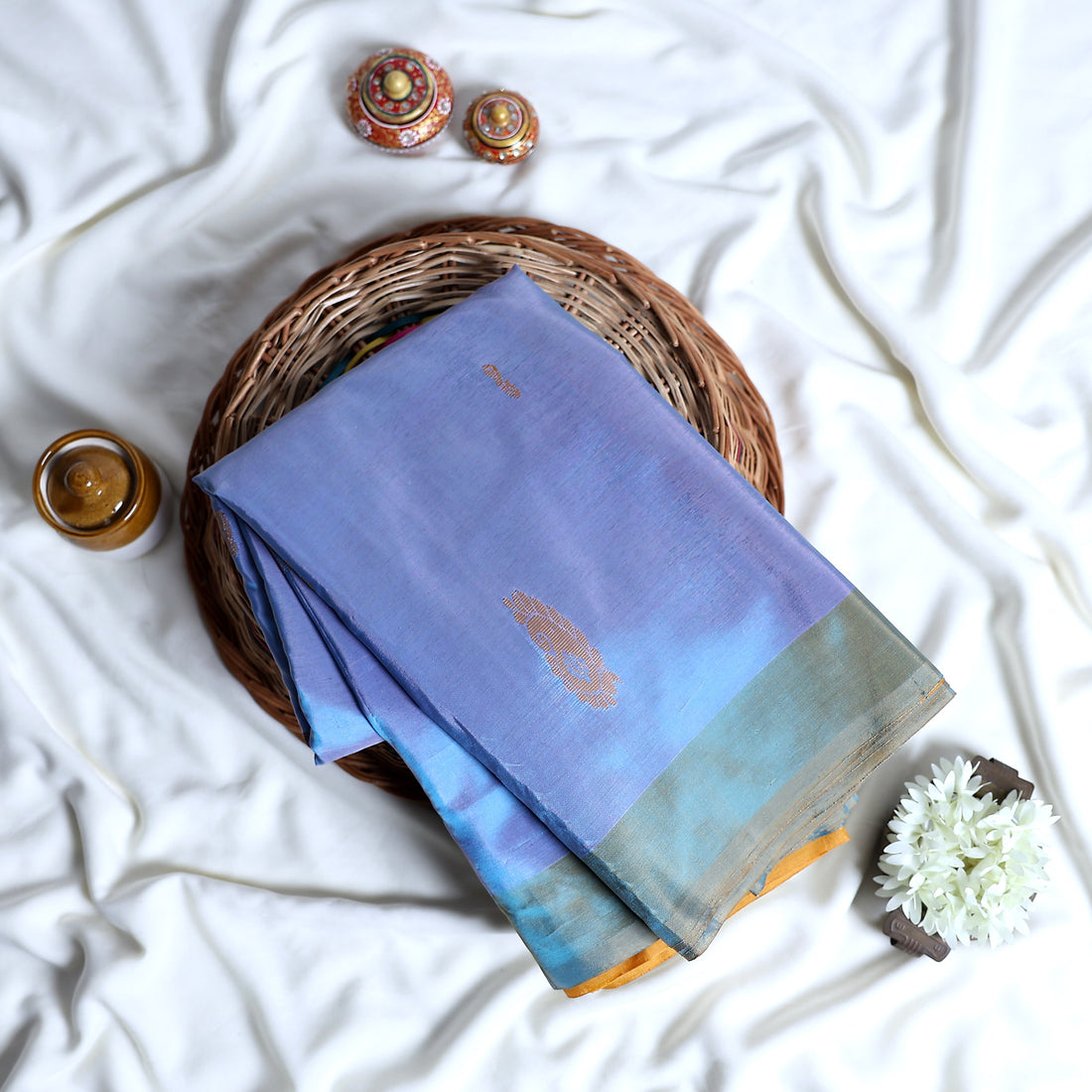 Blue Banana Pith Semi Silk Saree for Women | Wedding & Festive occasion | Jeyachandran - Full View
