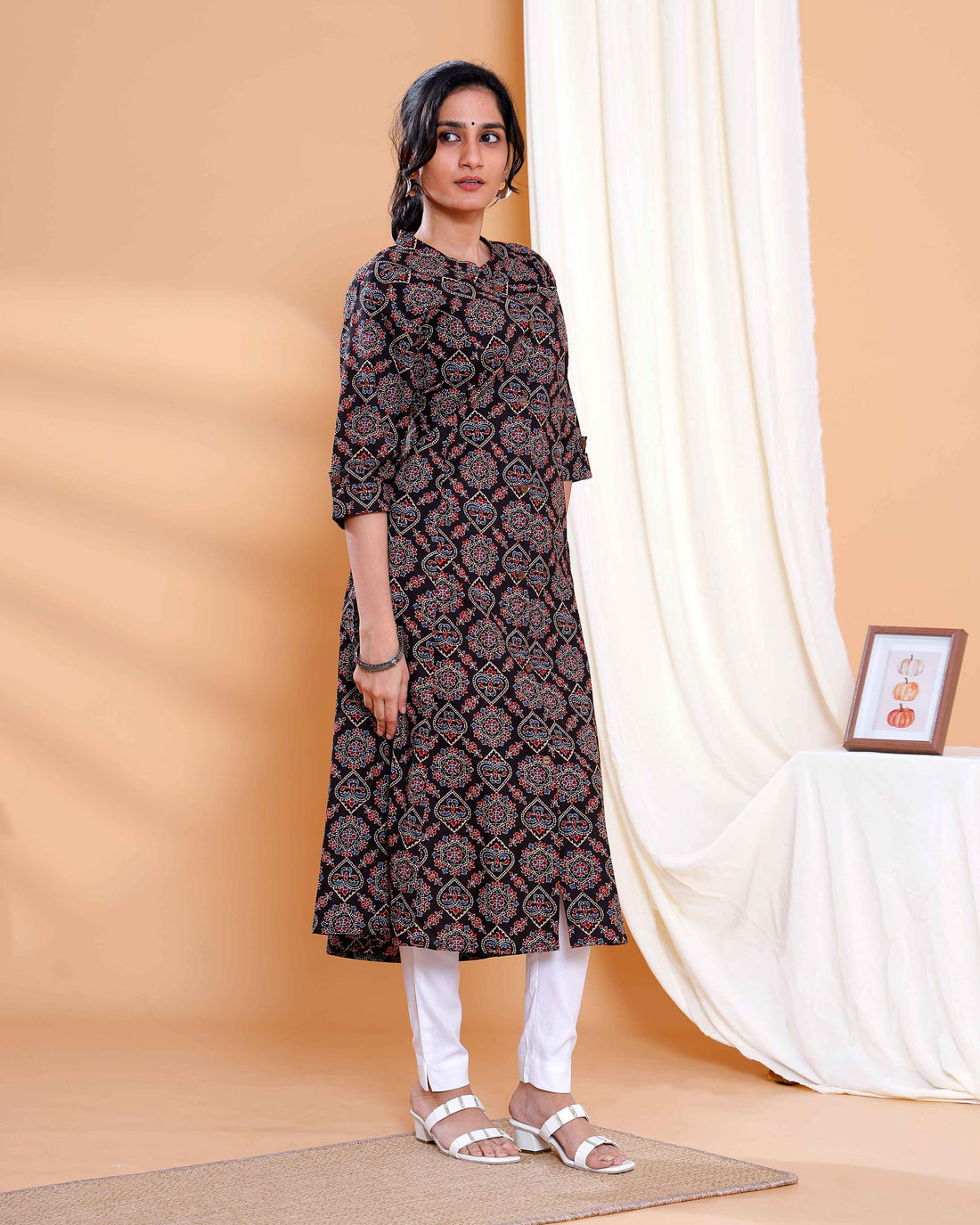 Black Ajrakh Shifat Printed Cotton A-Line Kurta