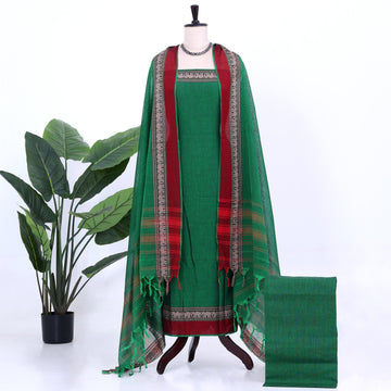 Green Cotton Unstitched Salwar Material for Women | Ethnic Summer Collection | Jeyachandran - Full View