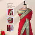 Light Red Mangalagiri Cotton Saree With Ornate Gold Zari Border And Green Contrast Edge -  Draped Front View