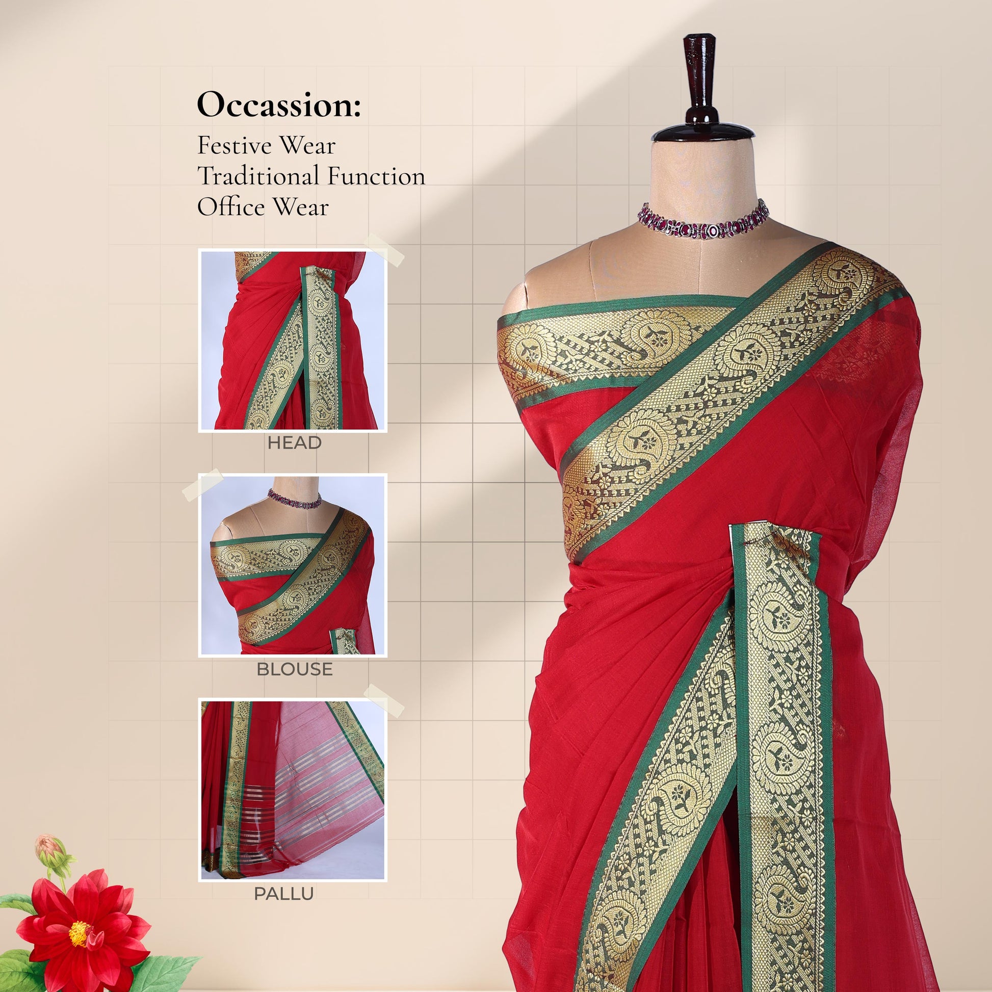 Light Red Mangalagiri Cotton Saree With Ornate Gold Zari Border And Green Contrast Edge -  Draped Front View