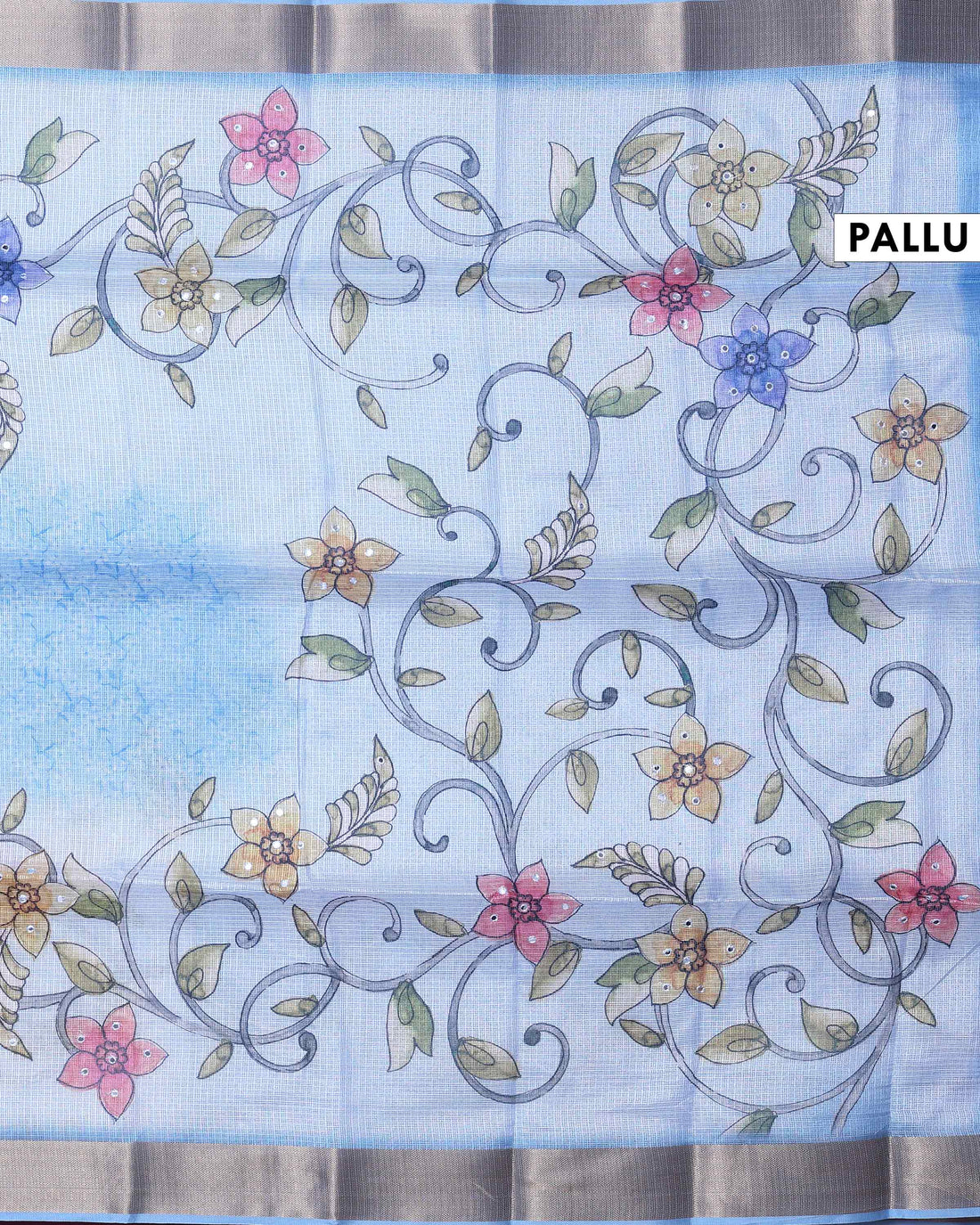 Elegant Kota Saree with Delicate Hand Painted Style Floral & Vine Motifs and Zari Woven Border - Light Blue