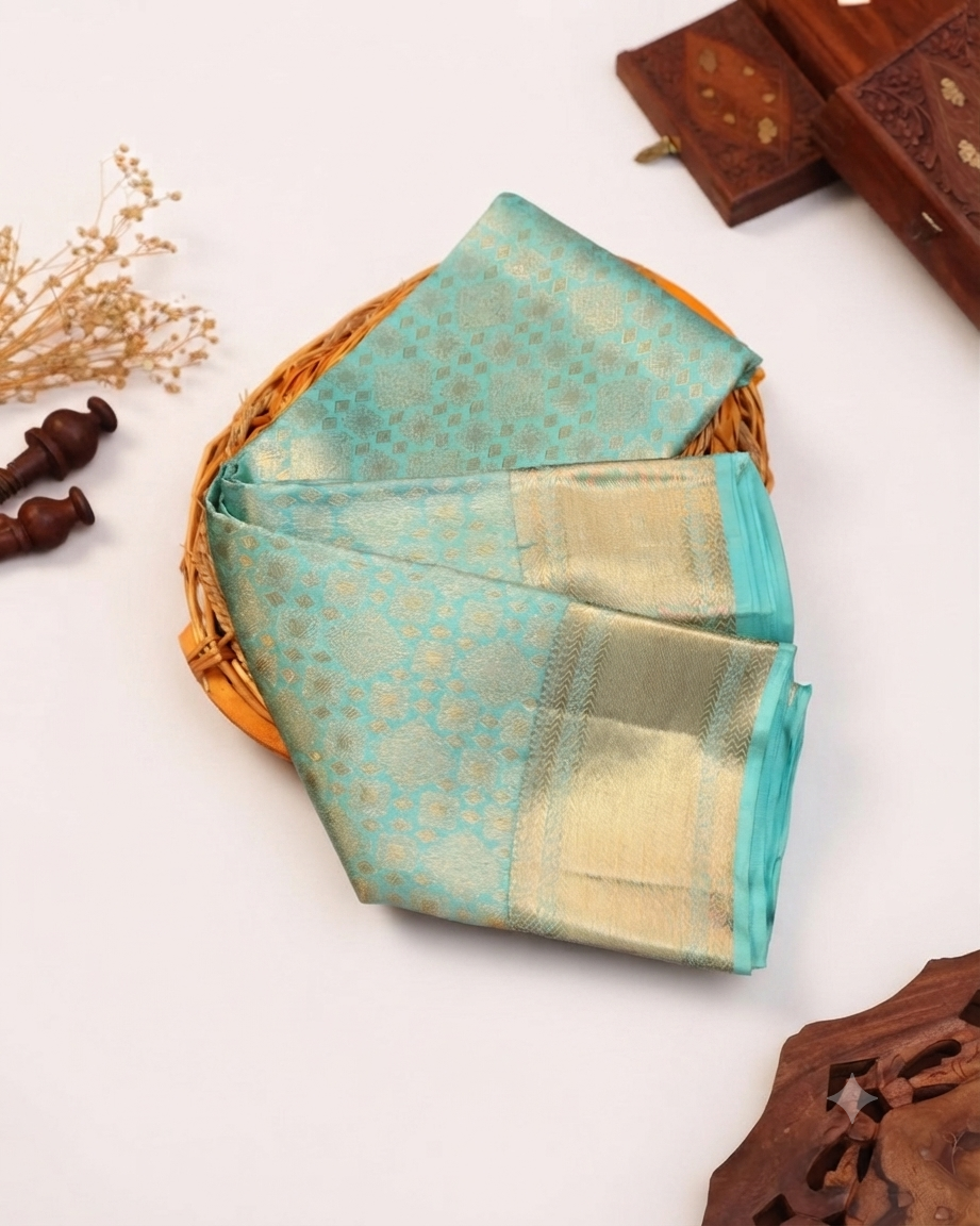 Exquisite Kanchipuram Pure Silk Saree with Zari Weave & Traditional Motifs - Sky Blue