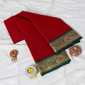 Light Red Mangalagiri Cotton Saree With Gold Zari Border And Green Contrast Border