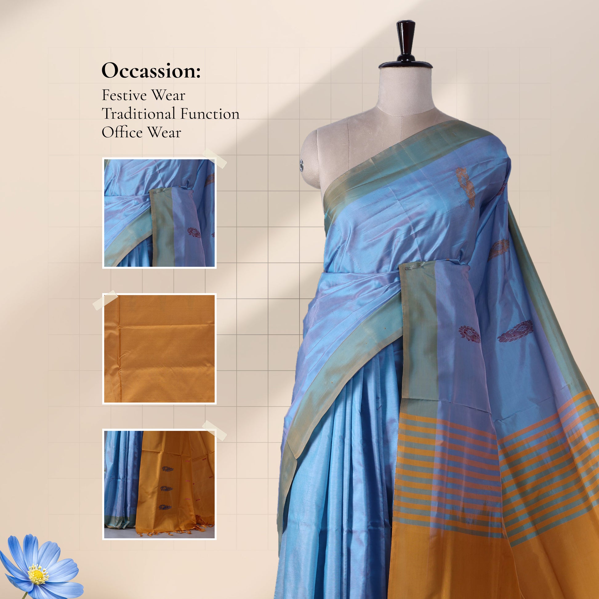 Banana Pith Saree in Blue with Yellow Pallu and Intricate Gold Zari Border
