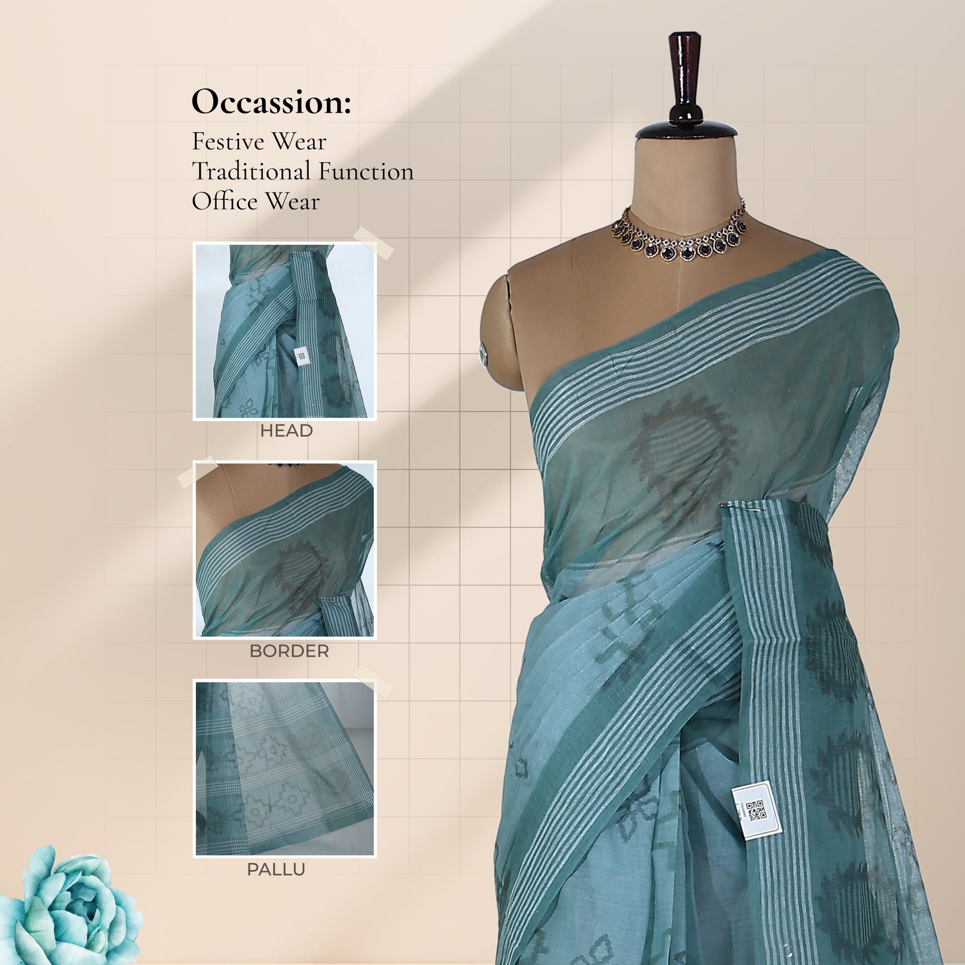 Bengal Cotton Saree With Woven Butta Motifs And Contrast Border In  Green Draped Front View