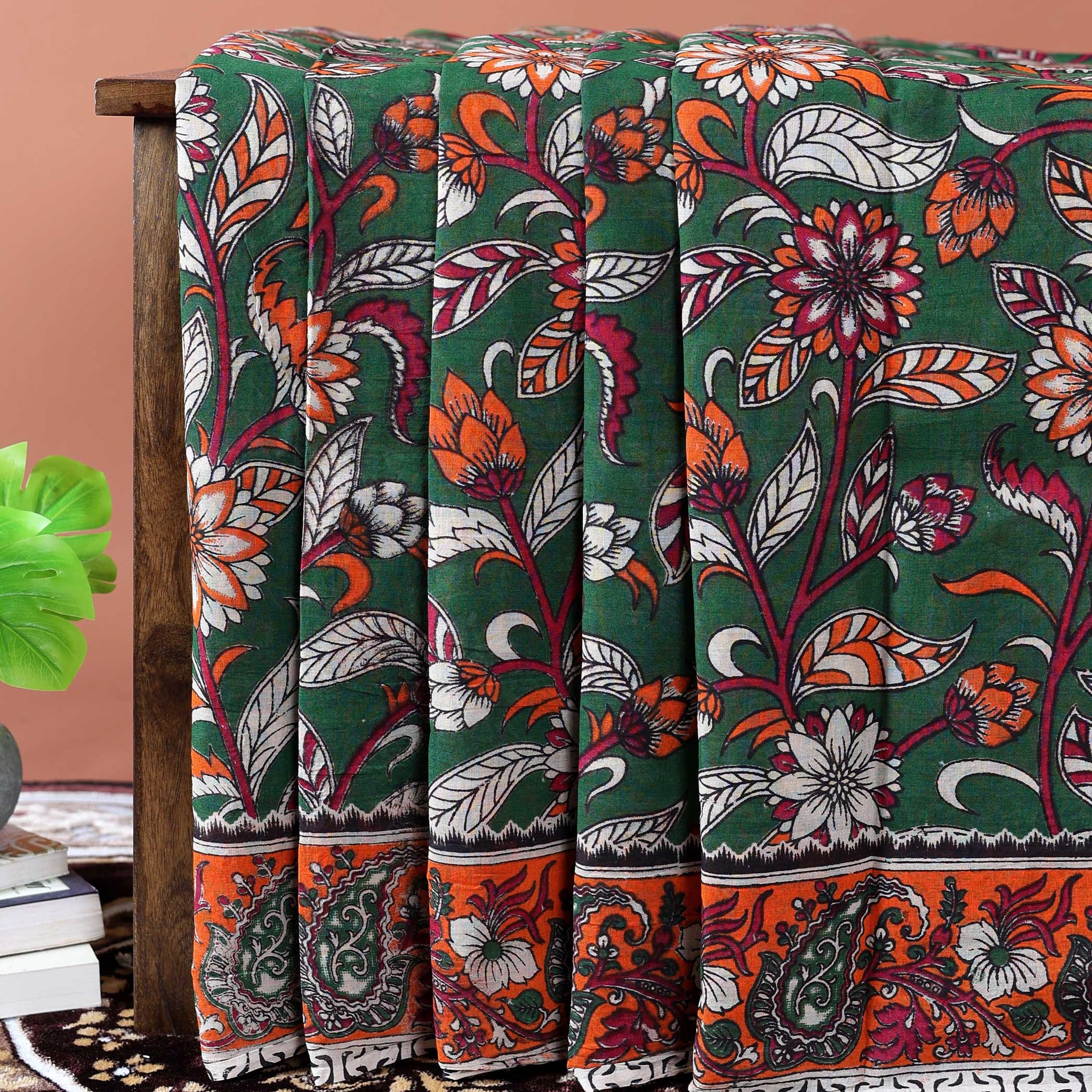 Traditional Handloom Kalamkari Cotton Saree with Intricate Floral and Avian Motifs - Green