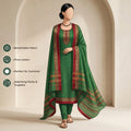 Women's Pure Cotton Salwar Material In Green With Matching Pants And Dupatta - Front View