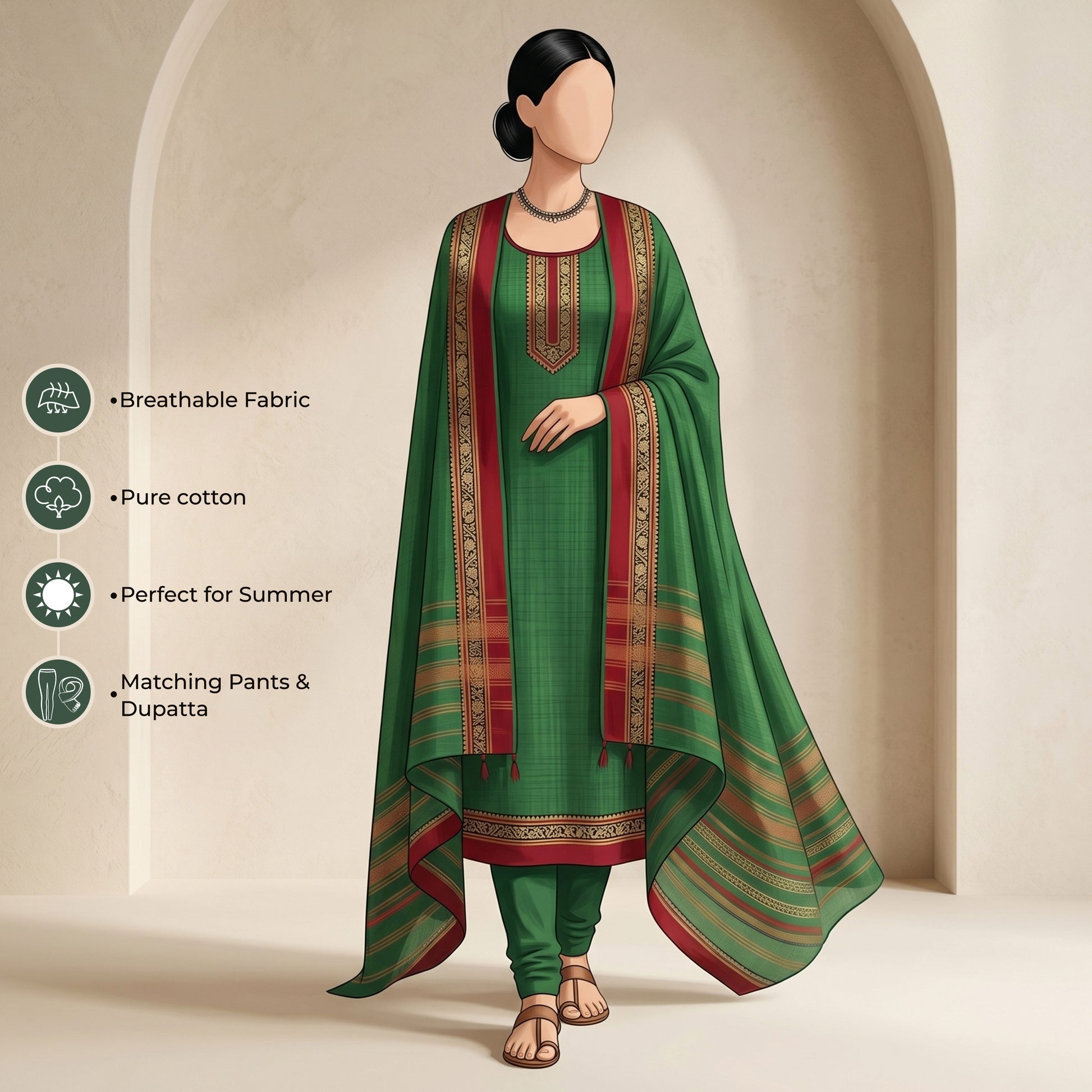 Women's Pure Cotton Salwar Material In Green With Matching Pants And Dupatta - Front View
