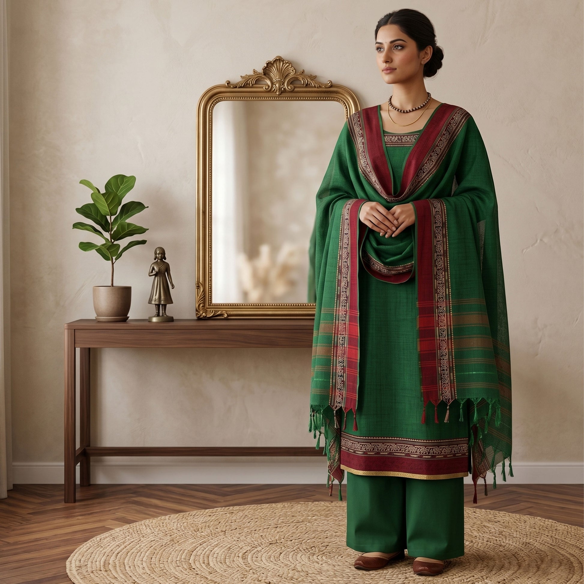 Womens Ethnic Unstitched Salwar Material With Elephant Zari Border Green Color And Maroon Border Dupatta Front View