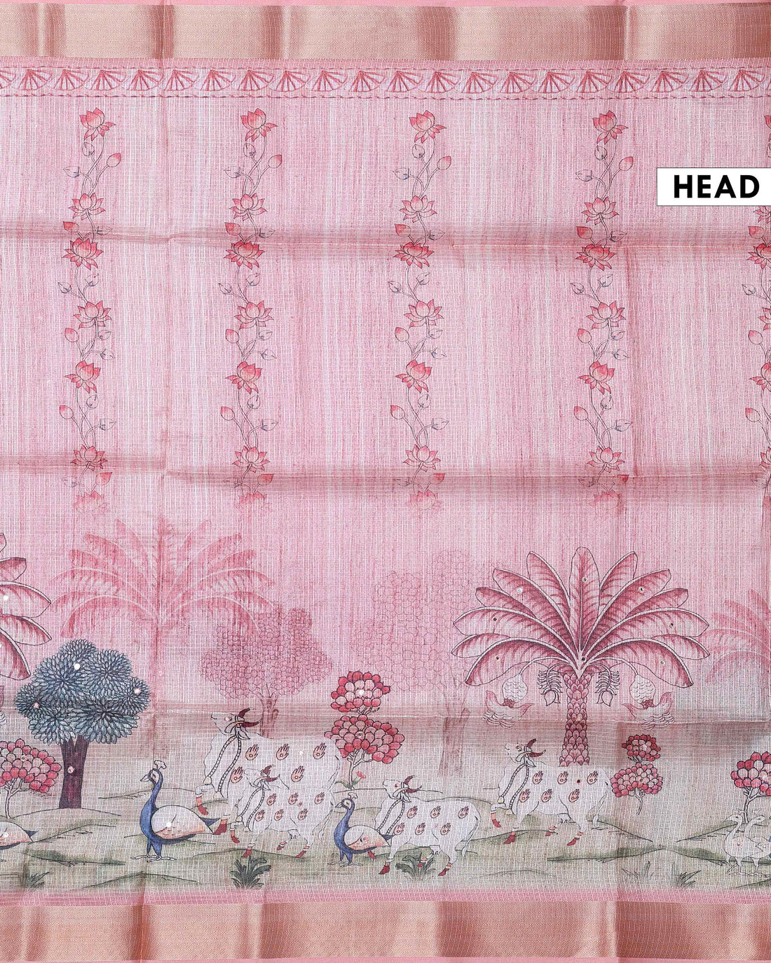 Elegant Kota Saree with Artistic Figurative & Floral Motifs and Traditional Zari Woven Border - Peach