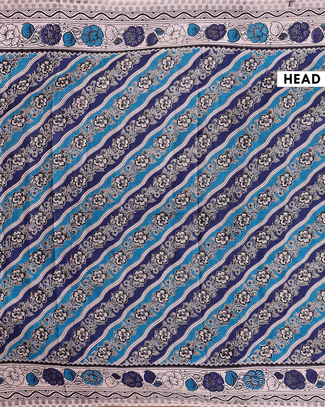 Traditional Hand-Painted Kalamkari Cotton Saree with Floral and Geometric Patterns - Blue