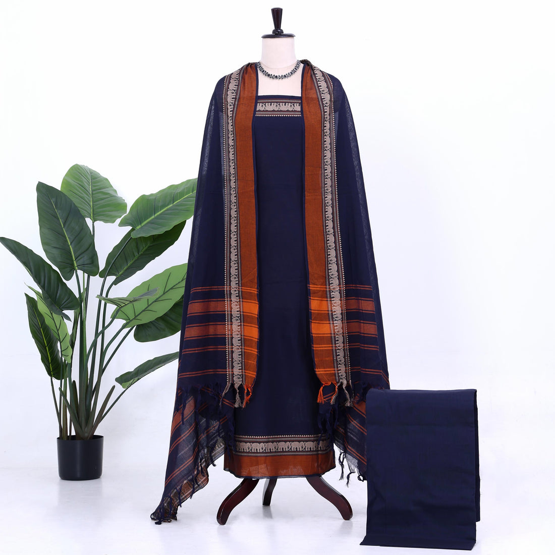 Navy Blue Cotton Unstitched Salwar Material for Women | Ethnic Summer Collection | Jeyachandran - Full View