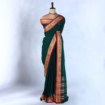 Dark Green Mangalagiri Cotton Saree for Women | Festive Summer Collection | Jeyachandran - Full View