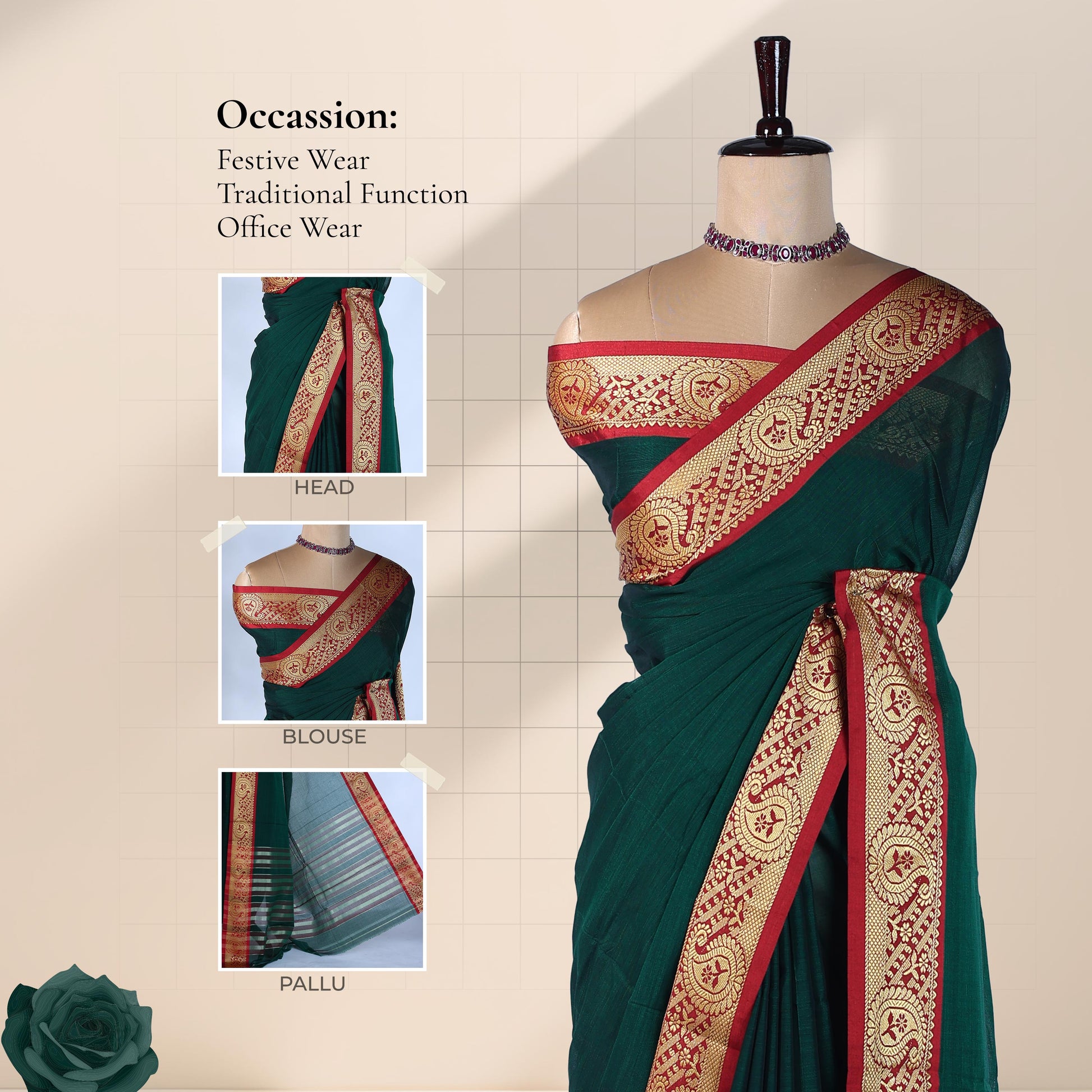 Red Mangalagiri Cotton Saree With Ornate Gold Zari Border And Red Contrast Edge -  Draped Front View