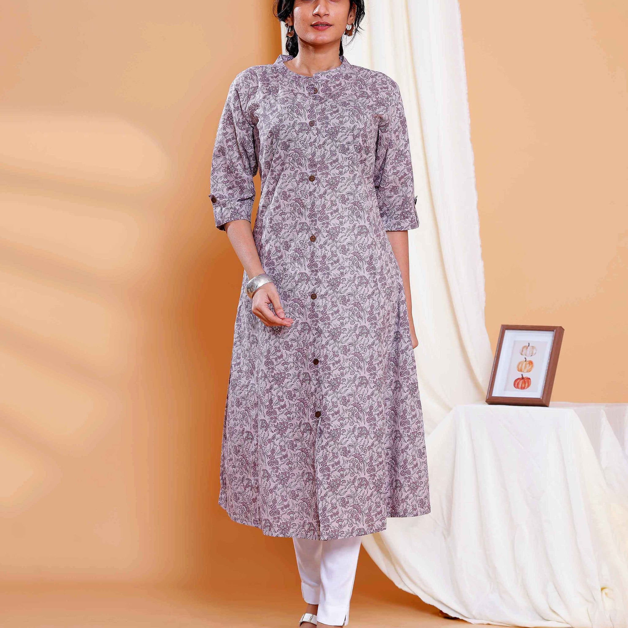 Grey Ajrakh Shifat Printed Cotton A-Line Kurta