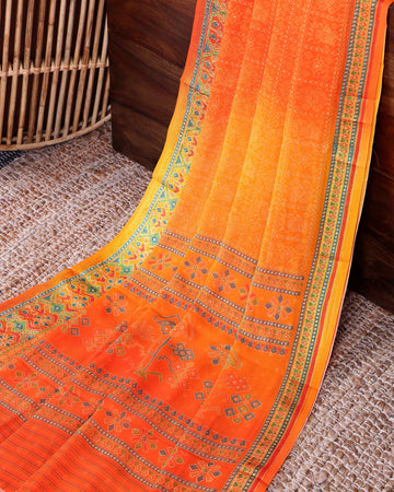 Elegant Lightweight Georgette Saree with Intricate Tribal Inspired Bandhani Motifs and Decorative Woven Border - Orange