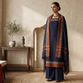 Womens Ethnic Unstitched Salwar Material With Elephant Zari Border Navy Blue Color And Brown Border Dupatta Front View