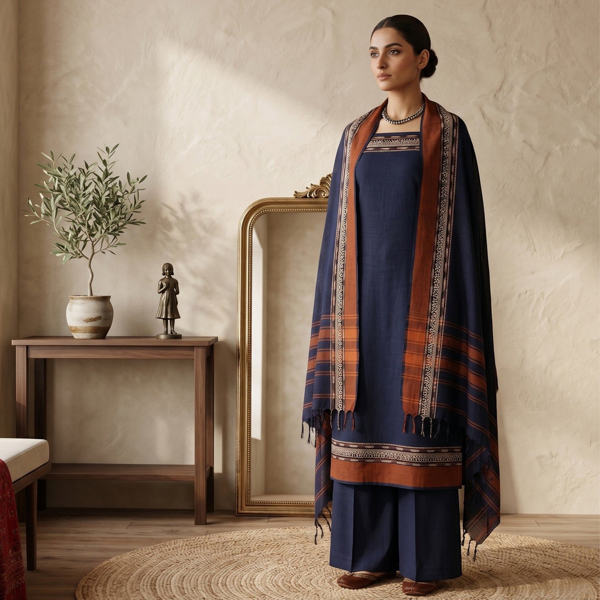Womens Ethnic Unstitched Salwar Material With Elephant Zari Border Navy Blue Color And Brown Border Dupatta Front View