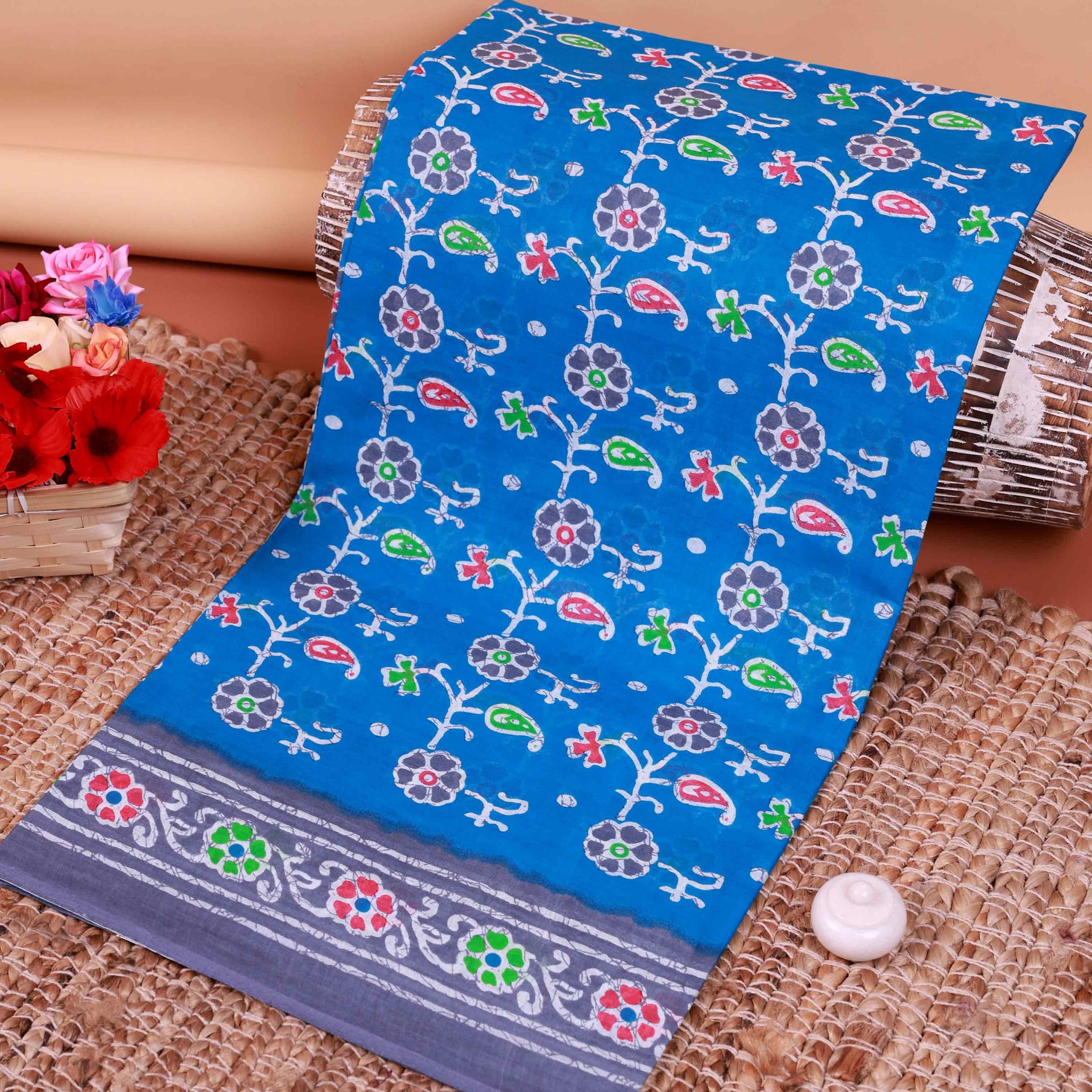All-Over Floral Printed Voile Saree with Intricate Contrast Border – Blue