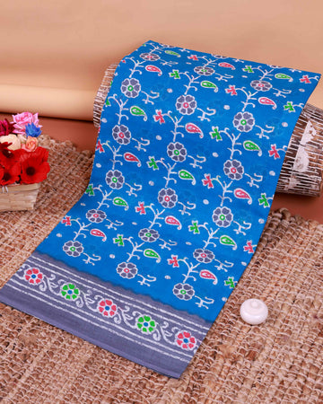 All-Over Floral Printed Voile Saree with Intricate Contrast Border – Blue