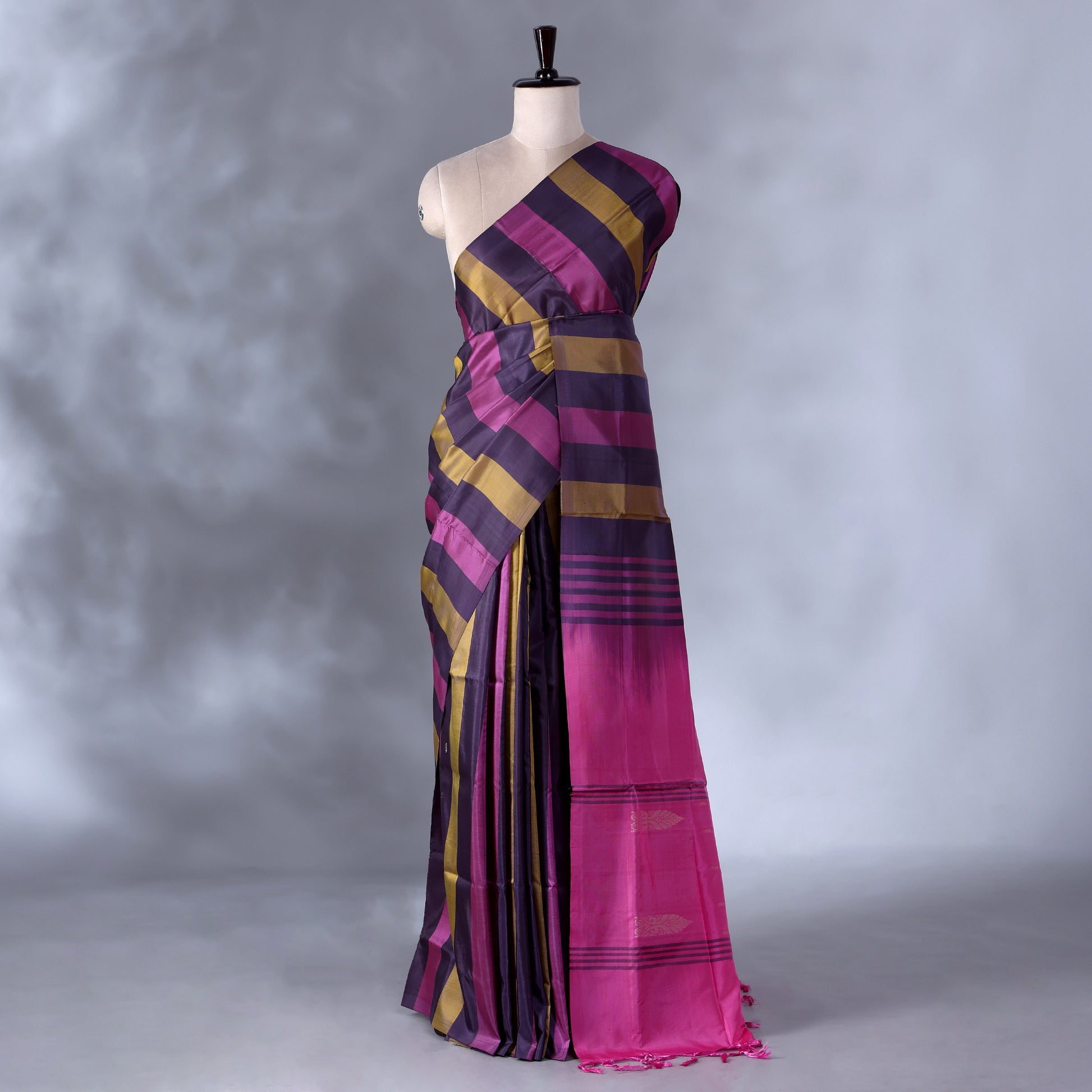 Dark Purple  Banana Pith Saree with Striped Pattern and Woven Border - Full View
