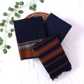 Womens Ethnic Unstitched Salwar Material With Elephant Zari Border Navy Blue Color And Brown Contrast Accents Top View