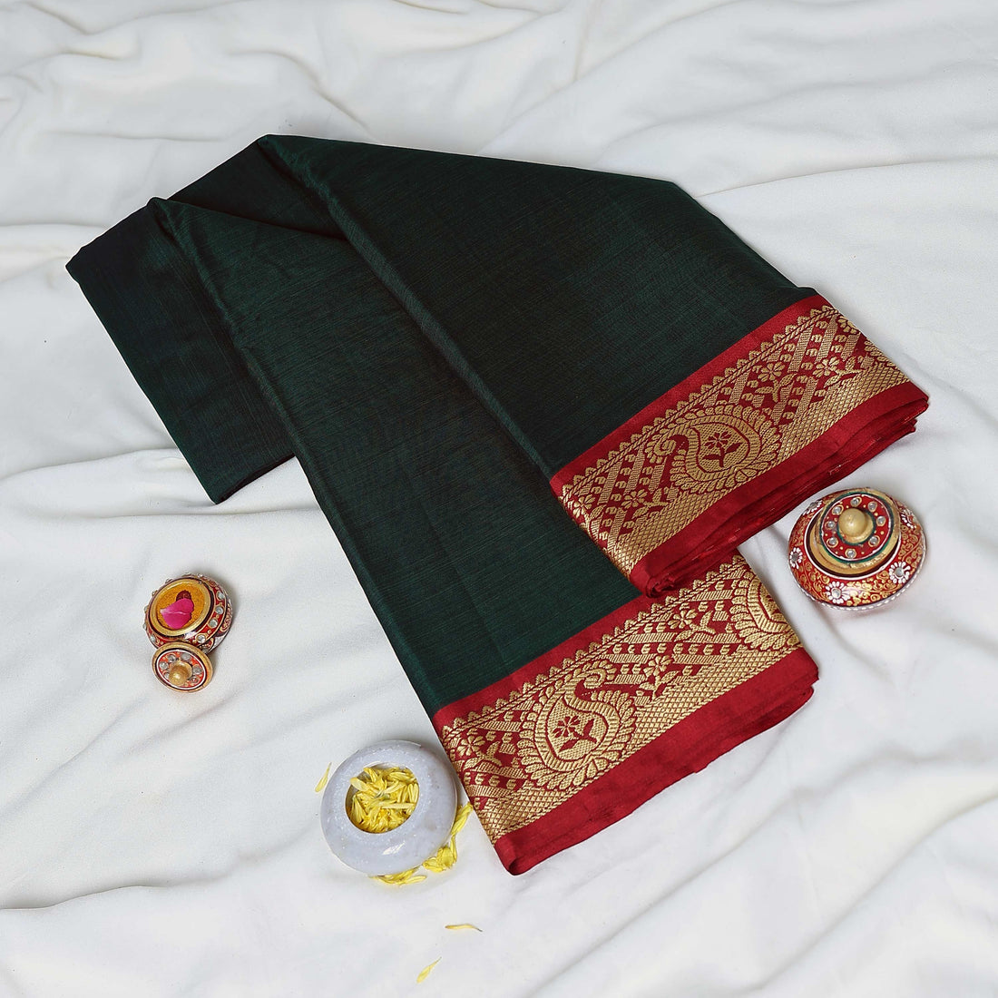 Dark Green Mangalagiri Cotton Saree for Women | Festive Summer Collection | Jeyachandran - Full View